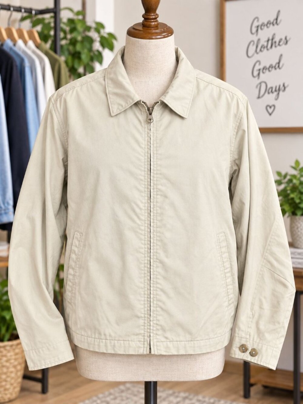 Gap Nylon Harrington Jacket M Beige Full Zip Minimalist Preppy Layers Normcore